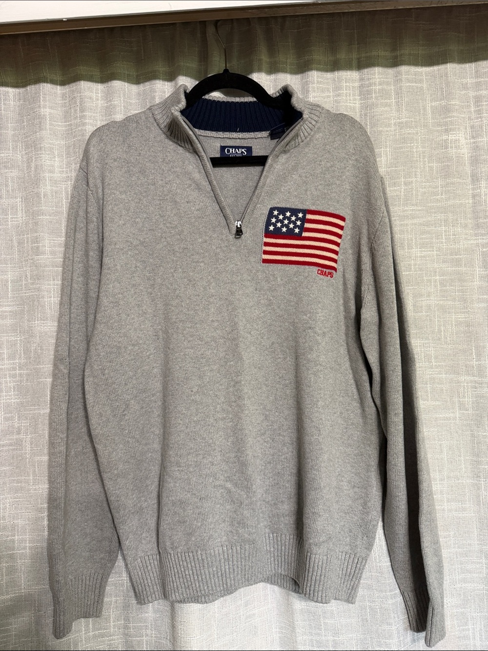 Chaps Men's Gray Half-Zip Sweater with Red & Blue Flag Patch